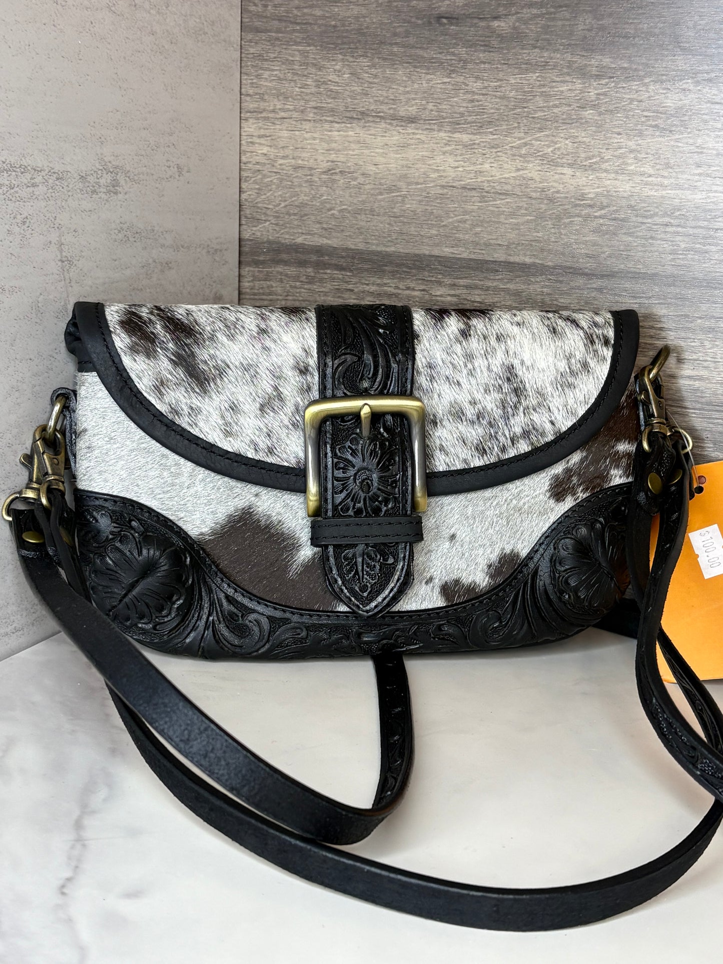 Cowhide black leather crossbody bag