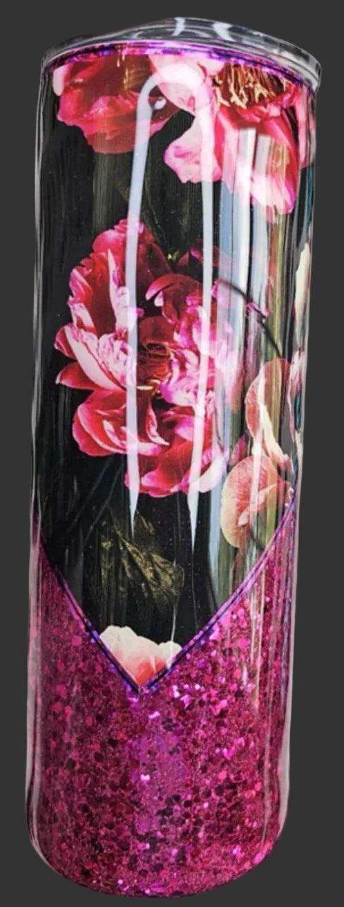 Dark Pink Glitter Floral 20 oz. Tumbler