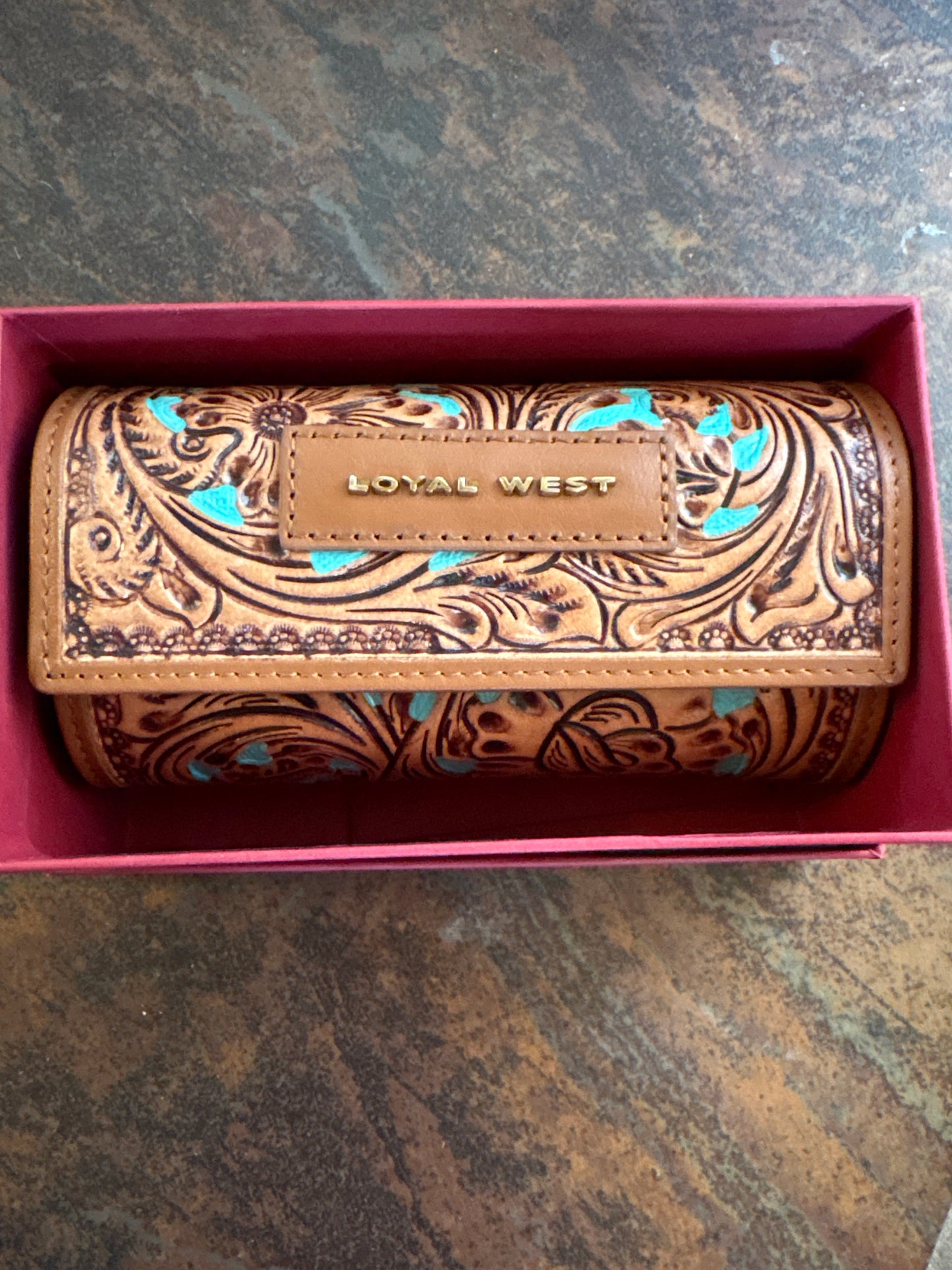 Canyon Jewelry Case Hand tooled Leather-Whiskey and Water
