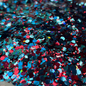 Colorful glitter on a white plate with a blurred background