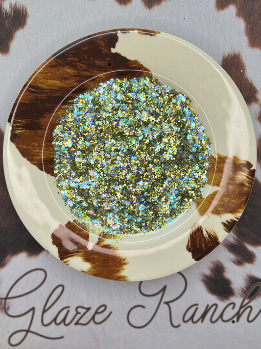 Glitter container with a cow print background and 'Glaze Ranch' branding.