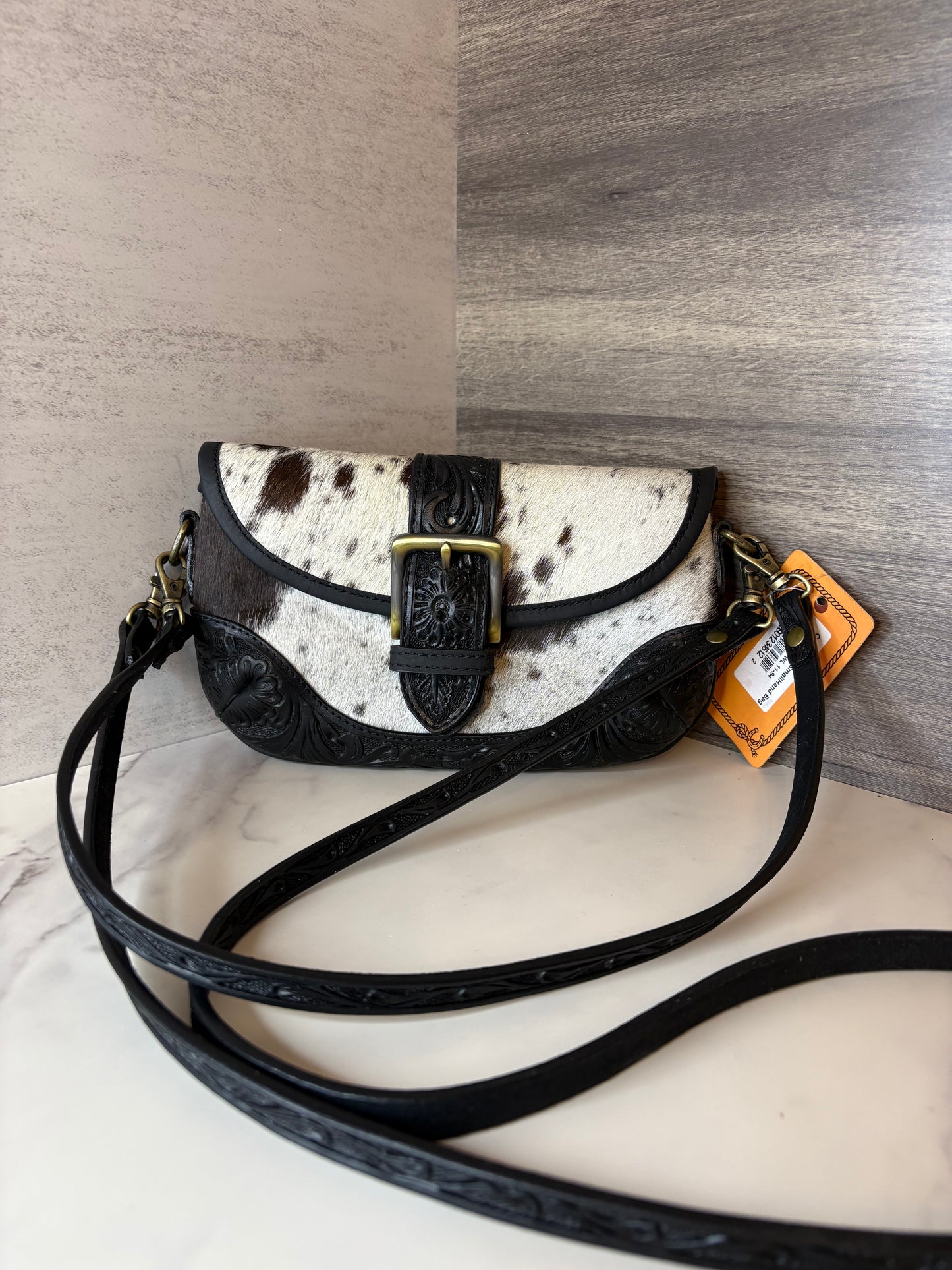 Cowhide black leather crossbody bag