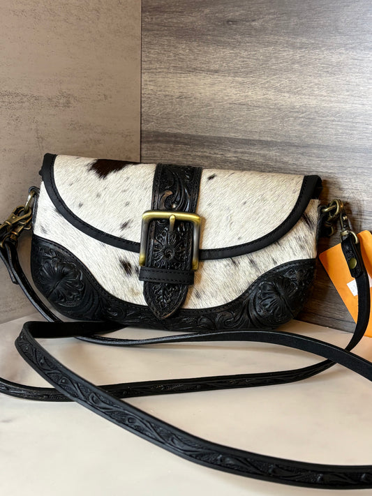 Cowhide black leather crossbody bag