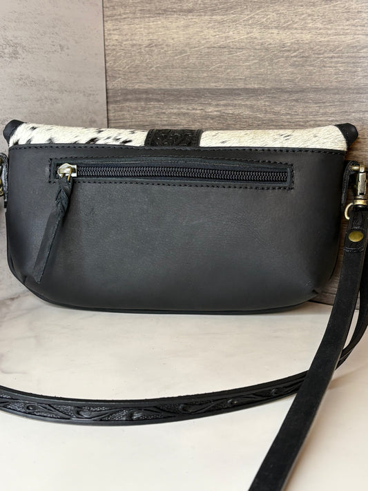 Cowhide black leather crossbody bag