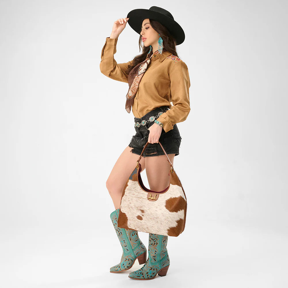 Loyal West Large Purse-in Brown and White Cowhide