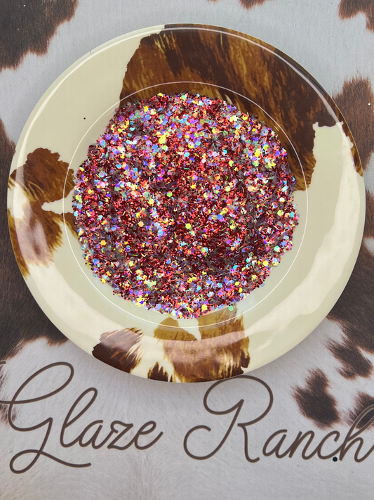 Decorative item with glittery center on a cowhide pattern background, branded 'Glaze Ranch'.